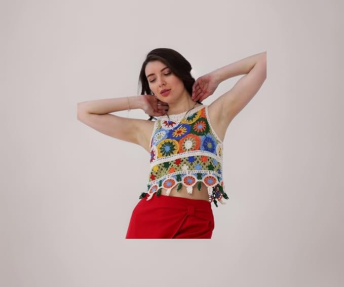 ICW Women Embroidery Beachwear Halter Neck Sleeveless Knit Boho Crochet Vest Crop Cami Tank Top 158
