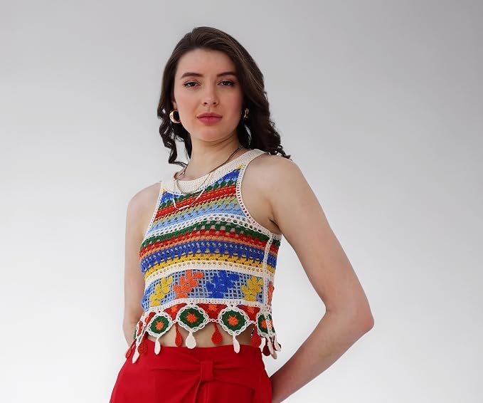 ICW Women Embroidery Beachwear Halter Neck Sleeveless Knit Boho Crochet Vest Crop Cami Tank Top