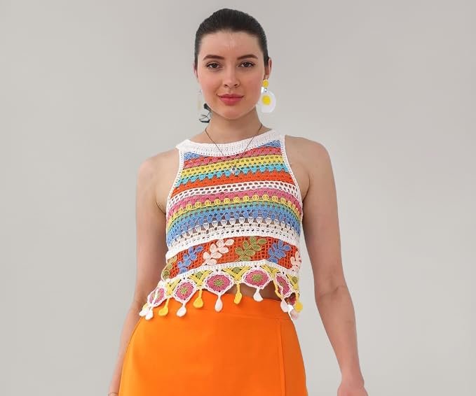 ICW Women Embroidery Beachwear Halter Neck Sleeveless Knit Boho Crochet Vest Crop Cami Tank Top
