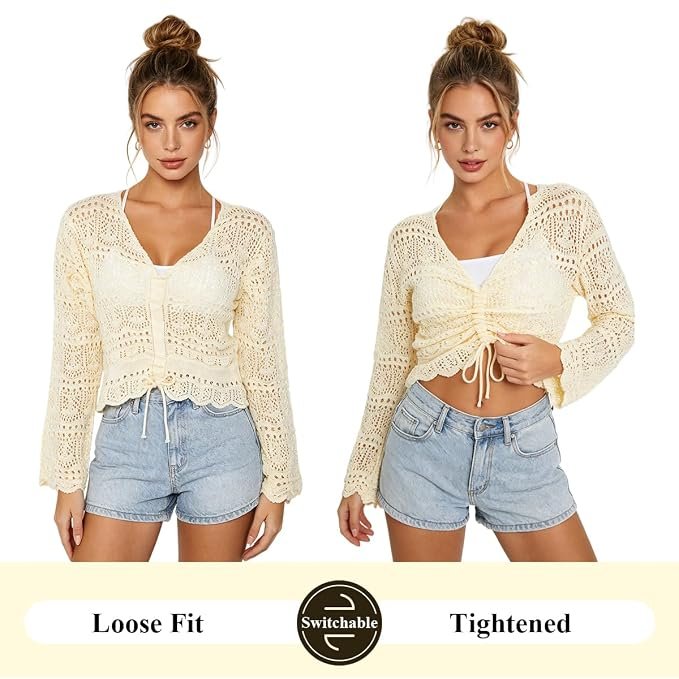 SANNIDHI® Women's V-Neck Crochet Knit Top, Long Sleeve Drawstring Hollow-Out Summer Blouse for Casual and Beach Wear