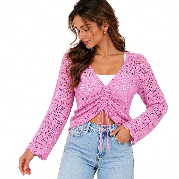 SANNIDHI® Women's V-Neck Crochet Knit Top, Long Sleeve Drawstring Hollow-Out Summer Blouse for Casual and Beach Wear