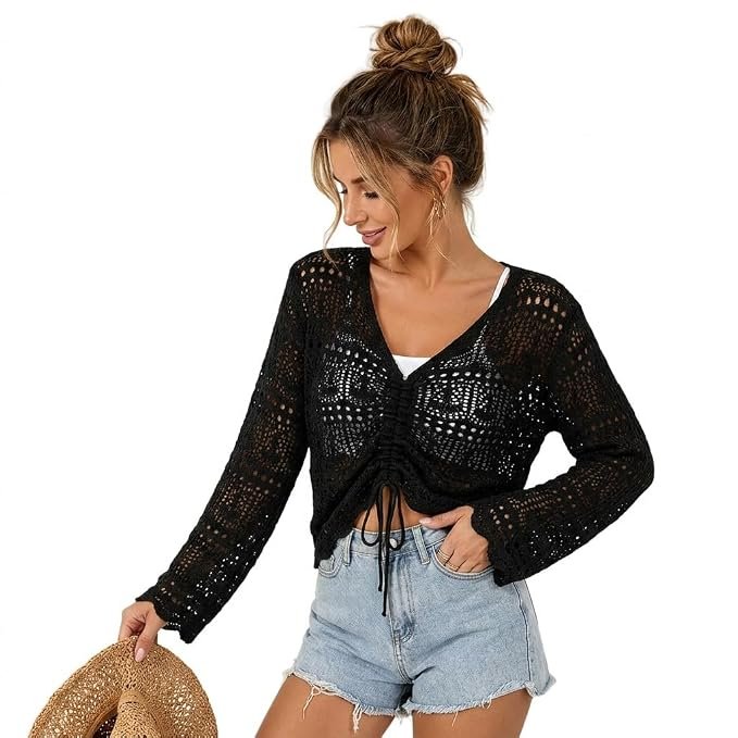 SANNIDHI® Women's V-Neck Crochet Knit Top, Long Sleeve Drawstring Hollow-Out Summer Blouse for Casual and Beach Wear