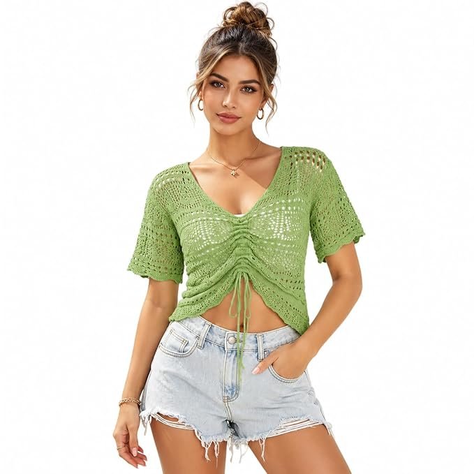 SANNIDHI® Women's V-Neck Crochet Knit Top
