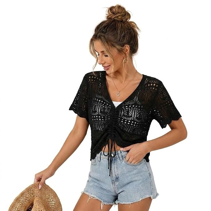 SANNIDHI® Women's V-Neck Crochet Knit Top