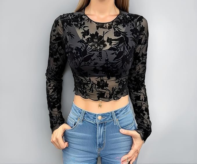 ICW Women Long-Sleeves Round Neck Net Printed Transparent Mesh Sheer Crop Top T-Shirt