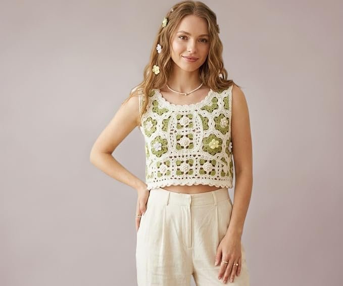 Women's Handcrafted Crochet Crop Top, Floral Pattern, Black and Cream, Limited Edition Sleeveless Tank