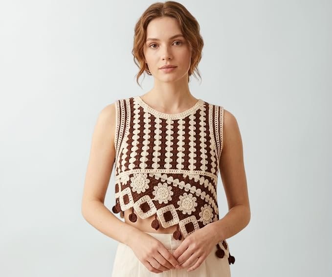 Women's Crochet Crop Top, Sleeveless, Floral Granny Square Design with Pom-Pom Hem, Olive and Cream