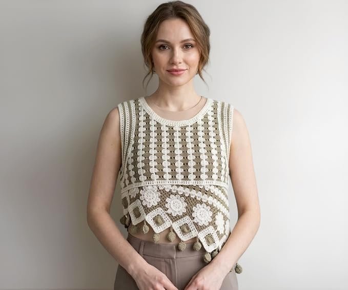 Women's Crochet Crop Top, Sleeveless, Floral Granny Square Design with Pom-Pom Hem, Olive and Cream