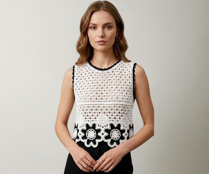 Crochet Crop Top White & Black Floral Design
