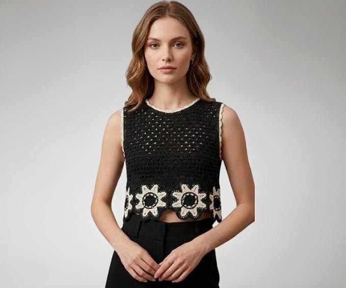 Crochet Crop Top White & Black Floral Design
