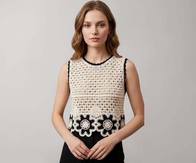 Crochet Crop Top White & Black Floral Design