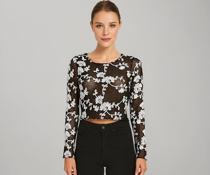 ICW Women Long-Sleeves Boat Neck Transparent Mesh Sheer Floral Embroidery Crop Top T-Shirt