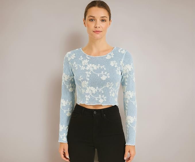 ICW Women Long-Sleeves Boat Neck Transparent Mesh Sheer Floral Embroidery Crop Top T-Shirt