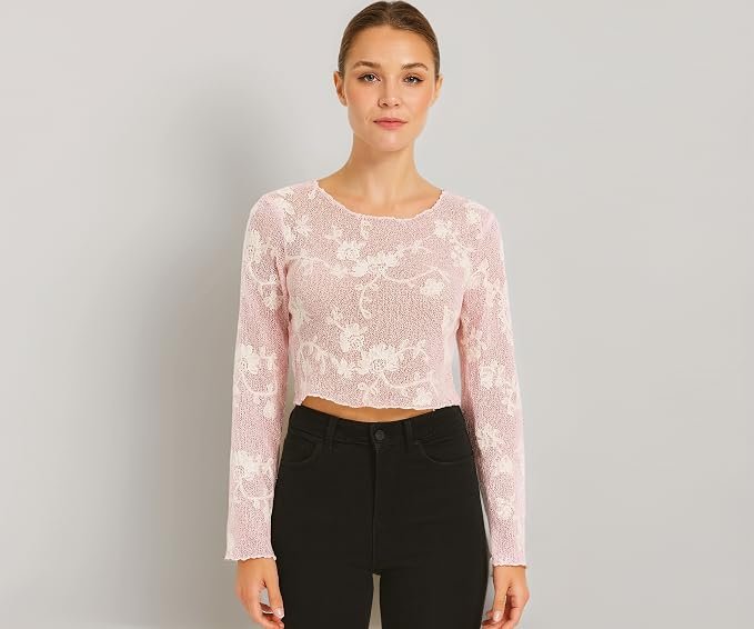 ICW Women Long-Sleeves Boat Neck Transparent Mesh Sheer Floral Embroidery Crop Top T-Shirt