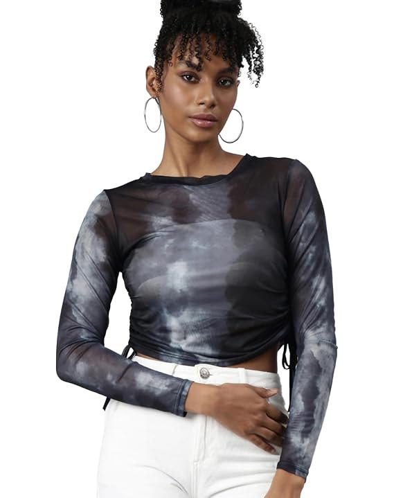 ICW Women French Retro Knitted Long Sleeves Round Neck Mesh Tie-Dye Printed Crop Top T-Shirt