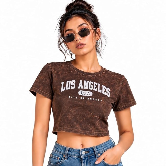 Womens Black Acid wash Crop top Tshirt