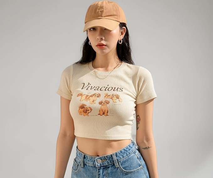 DRAXSTAR Short Sleeve Top for Women's & Girl's - Stretchable Regular Round Neck Rib Knit T Shirt | Tee Crop Top