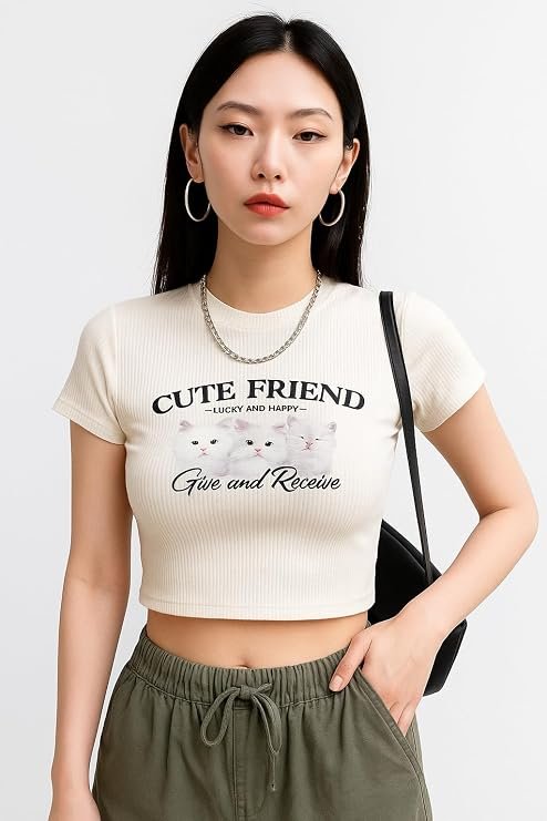 DRAXSTAR Short Sleeve Top for Women's & Girl's - Stretchable Regular Round Neck Rib Knit T Shirt | Tee Crop Top