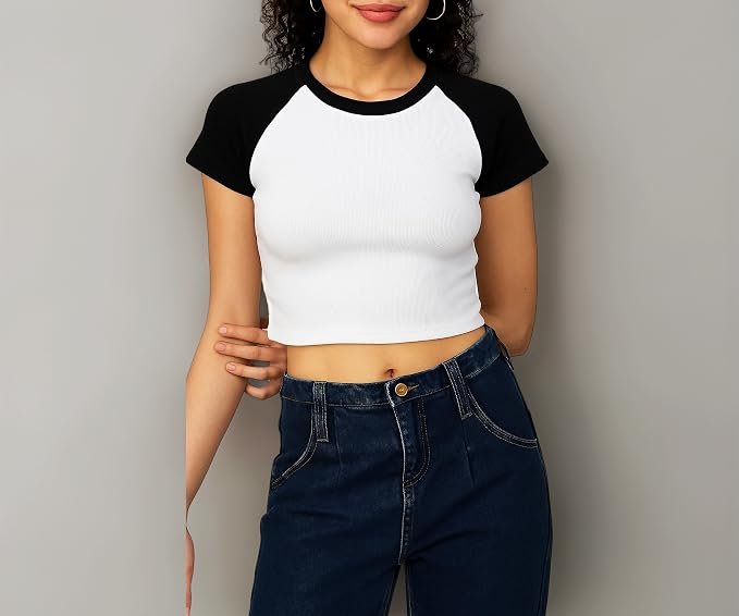 DRAXSTAR Short Sleeve Top for Women's & Girl's - Stretchable Regular Round Neck Rib Knit T Shirt | Tee Crop Top