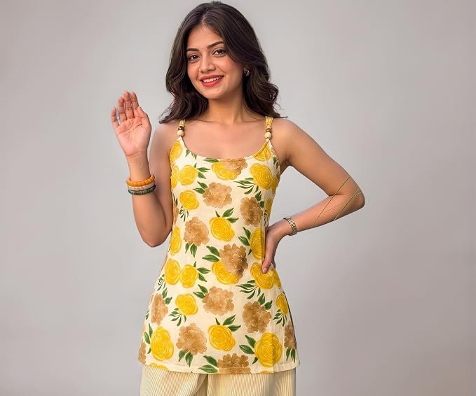 Aahwan Printed Beaded Sleeveless Tunic Top &amp; Kurti for Women's &amp; Girl's