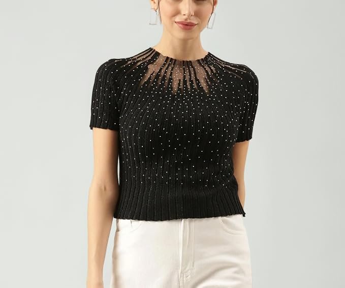 ICW Women Knit Rhinestone Embellised Mesh Crop Top T-Shirt