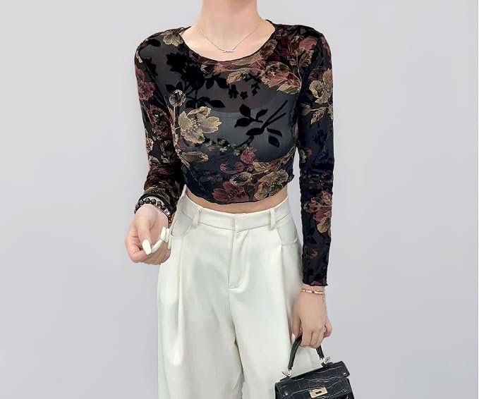 ICW Women Long-Sleeves Round Neck Net Printed Transparent Mesh Sheer Crop Top T-Shirt