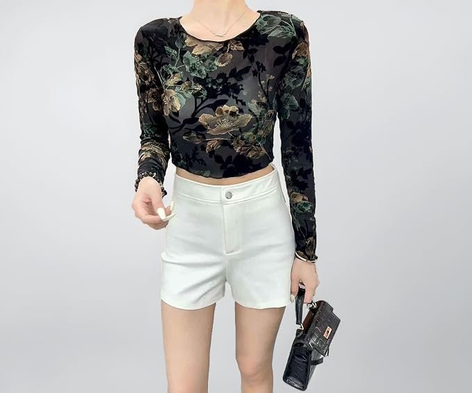 ICW Women Long-Sleeves Round Neck Net Printed Transparent Mesh Sheer Crop Top T-Shirt dn317