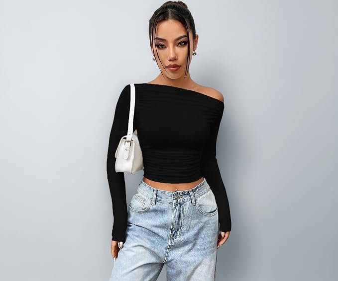 Istyle Can Solid Black Color Asymmetric Collar Pleated Cropped Top