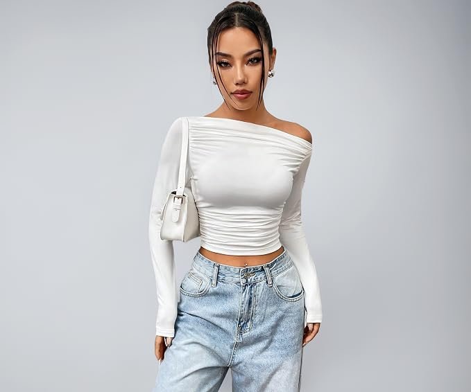 Istyle Can Solid Black Color Asymmetric Collar Pleated Cropped Top