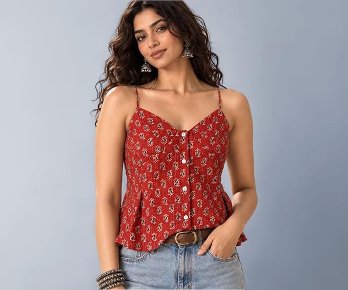 BEOM Gul Kaari Top for Women, Paisley Handblock Printed Cotton Top with Intricate Kantha Stitch Detailing