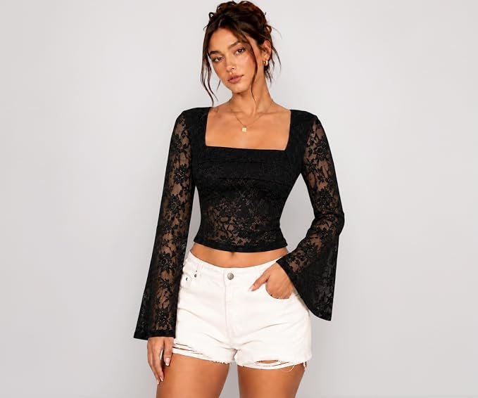 Women’s White Square Neck Lace Crop Top with Flared Sleeves | Sheer Floral Full Sleeve Fitted Western Top | Party & Casual Wear Top for Women