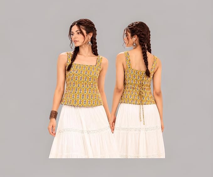 Kalaanj Women's Printed Square Neck Sleeveless Kurti | 100% Cotton | Adjustable Back Tie-Up | Corset Style | Ethnic Tops for Woman