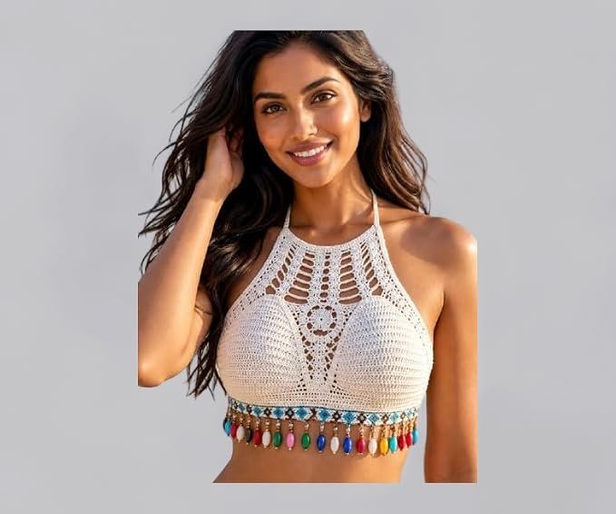 Fashiol Women Crochet Halter Crop Top with Built-in Padding, Soft Lightweight Knitted Thread