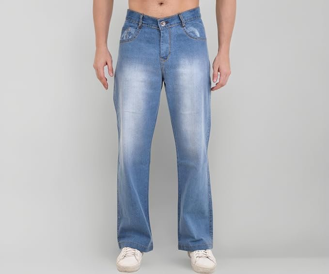 LINARIA Men Baggy Fit Denim Sky Blue Plain Jeans 30, Mid Rise